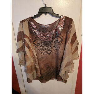 CATO Women's XL Festival Boho Blouse Top Cinched Waist